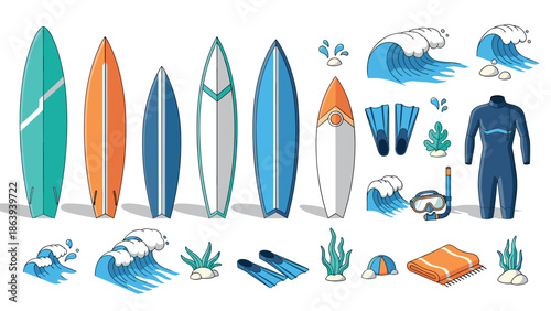 Surfboard equipment set with ocean waves and diving gear in cartoon style