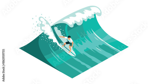 Isometric surfer riding giant wave: dynamic ocean adventure scene in vibrant colors