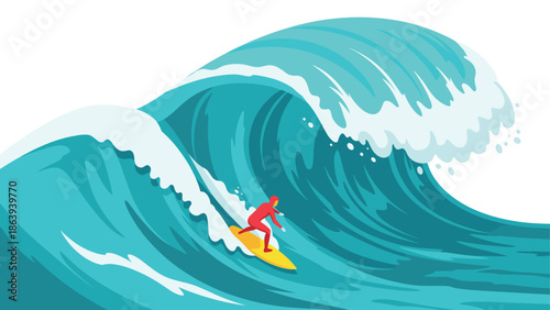 Dynamic wave with surfer in vibrant colors and minimalist style