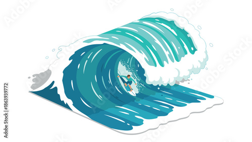 Isometric surfer riding giant ocean wave with dynamic motion
