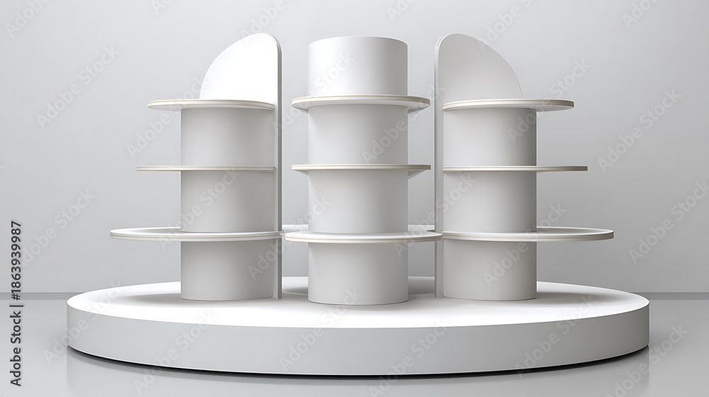 Obraz premium white round pos poi cardboard floor display rack for supermarket blank empty displays with shelves products on white background isolated ready for your design product packing.
