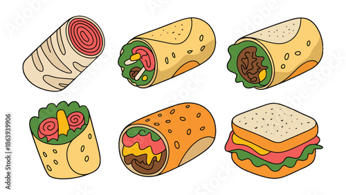 Culinary Composition: A mouthwatering assortment of culinary delights. Burritos, and a sandwich. Capturing the essence of a delectable food composition.