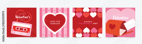 Happy Valentine's day love square cover vector set. Red and pink romantic symbol with hearts, tape, mailbox. Love illustration for greeting card, web banner, package, cover.