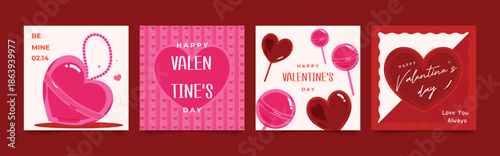 Happy Valentine's day love square cover vector set. Red and pink romantic symbol with glossy hearts, keychain, lollipop. Love illustration for greeting card, web banner, package, cover.