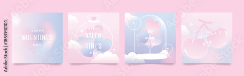 Happy Valentine's day love square cover vector set. Blue and pink pastel glossy hearts with cherry, balloon, cloud. Love illustration for greeting card, web banner, package, cover.