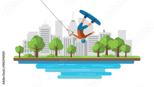 Wakeboarding adventure in urban park with trees and city skyline