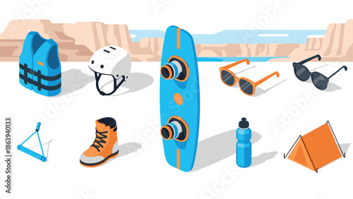 Outdoor adventure gear at scenic beachside with skateboard, tent, and accessories in vibrant isometric style