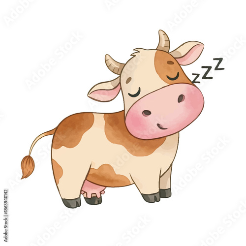 A funny cute cow cartoon standing alone on a white farm background