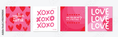 Happy Valentine's day love square cover vector set. Red and pink romantic symbol with hearts, xoxo and love text. Love illustration for greeting card, web banner, package, cover.