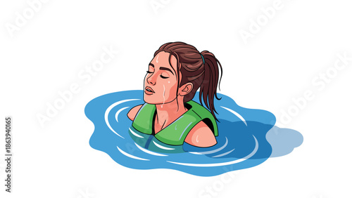 Calm young woman relaxing in water with life jacket in summer