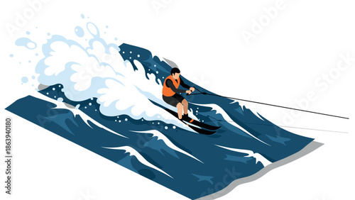 Dynamic water skiing adventure on waves with splashes in minimalist style