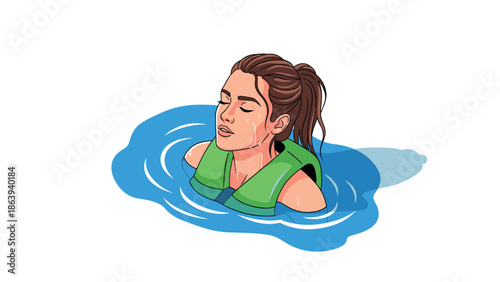 Woman swimming in water with green life jacket, calm and relaxed in blue waves