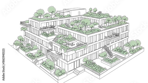 High-Quality Black Continuous Line Art of Eco-Friendly Apartment Complex with Shared Green Courtyards