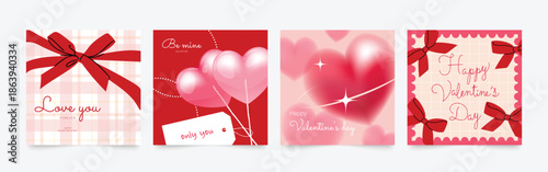 Happy Valentine's day love square cover vector set. Red and pink glossy hearts with sparkle, ribbon, lollipop. Love illustration for greeting card, web banner, package, cover.