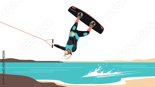 Extreme wakeboarding stunt over water with dynamic movement and bold colors