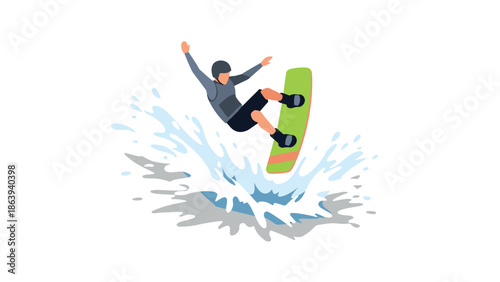 Dynamic wakeboarding adventure with splashing water in flat design
