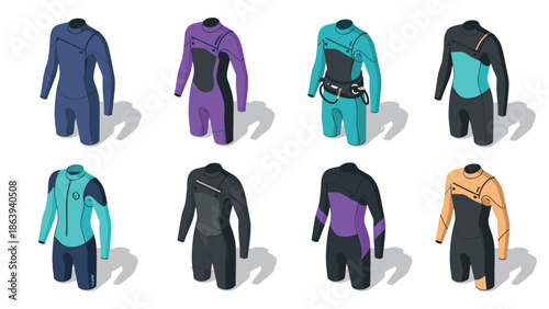 Colorful wetsuit collection in isometric style for water sports enthusiasts
