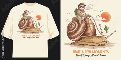 take it easy the slow rider a lazy sloth on a snail graphic apparel vintage t shirt design vector illustration artwork t shirt design vector illustration artwork 
