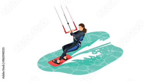 Isometric kiteboarding adventure on turquoise ocean waters