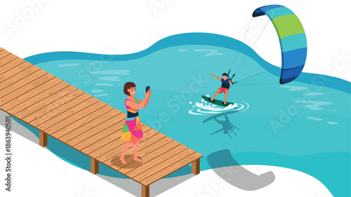 Woman photographing man kiteboarding on lake near wooden dock in vivid scene