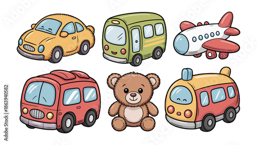 Childhood Wonders: A vibrant collection of delightful toys sparks imagination and joy. Colorful illustrations of a car, bus, plane, teddy bear, and more, all ready for playtime adventures.