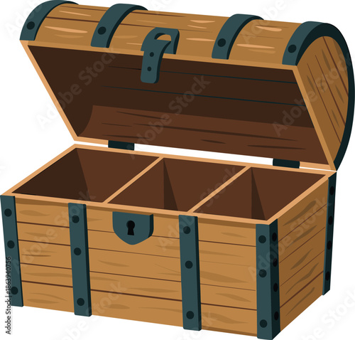 Wooden treasure chest, antique storage container, vintage compartments, pirate valuables holder, adventure mystery box, classic lock design, reinforced planks, historical artifact
