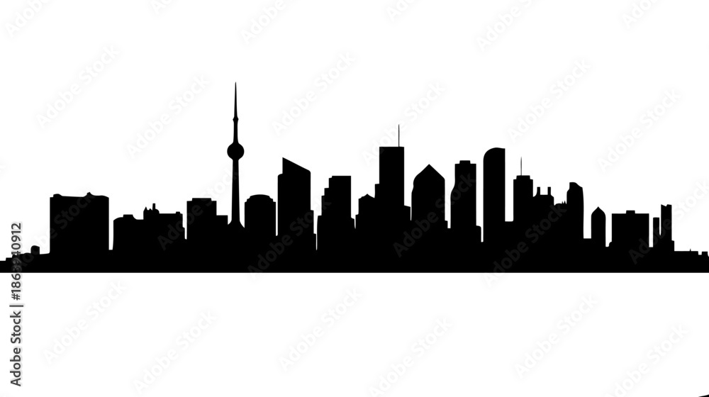 Obraz premium City Skyline Silhouette Vector Illustration — Black Urban Buildings Panorama on White Background, Minimal Minimalist Cityscape Outline Graphic for Branding, Poster, and Digital Design