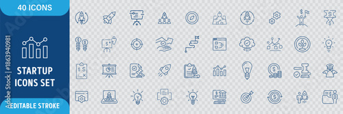Startup Business Line Icon Set. Innovation, Entrepreneurship, Creative Idea, Rocket Launch, Planning, Growth, Strategy and Management Icons. Editable Outline Stroke. Vector Illustration