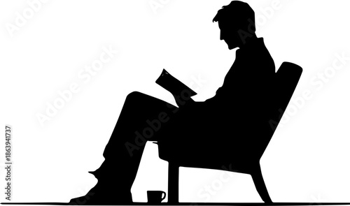 Silhouette of a man sitting in a chair reading a book with a cup of coffee. Relaxing indoor lifestyle and education concept vector illustration.