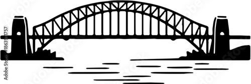 Sydney Harbour Bridge silhouette isolated on white background. Famous Australian landmark vector illustration. Iconic bridge in Sydney, Australia.