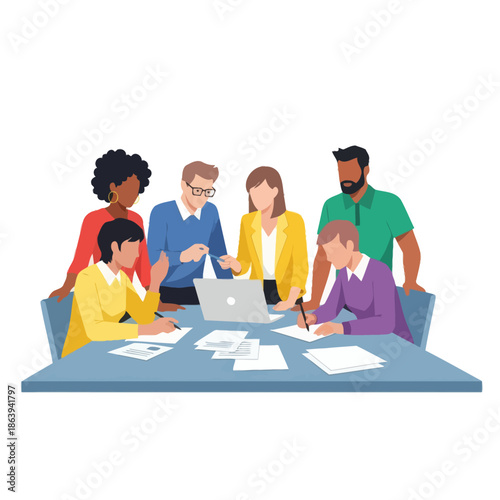 Diverse team collaborating around a table with laptop and documents, business meeting concept