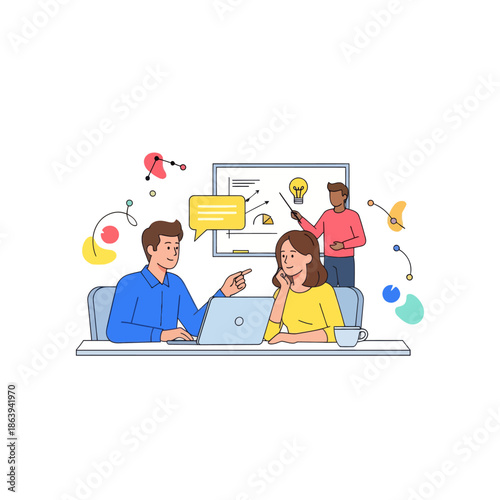 Teamwork and collaboration in business meeting, people discussing ideas with laptop and presentation