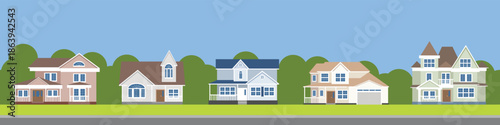 City houses seamless pattern. Horizontal banner, website border. Vector illustration.