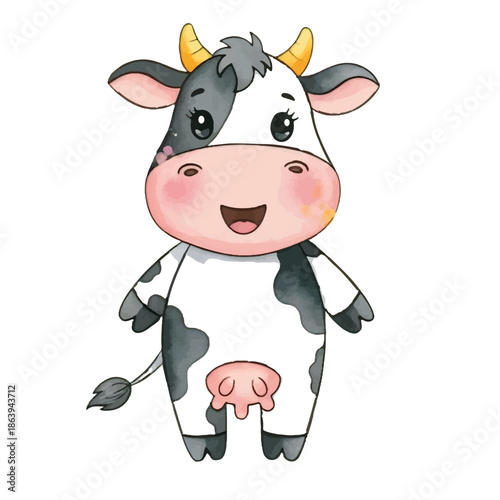 A funny cute cow cartoon standing alone on a white farm background