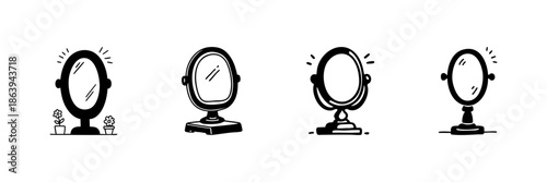 Vanity Mirrors In Hand Drawn Style Set. Personal Grooming, Beauty Reflection, Makeup Application Doodle Sketch Collection. Decorative Home Accessories. Isolated Vector Illustration