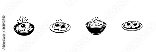 Breakfast Dishes In Hand Drawn Style Set. Eggs And Rice, Fried Eggs, And Cereal Bowl Doodle Sketch Collection. Morning Meal Variety. Isolated Vector Illustration