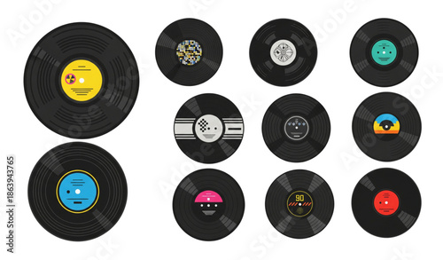Retro vinyl LP disc vector icons set for techno and disco DJ equipment isolated on white background
