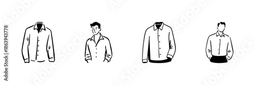 Men'S Dress Shirt And Male Figure Illustrations In Hand Drawn Style Set. Fashion, Style, And Apparel Doodle Sketch Collection. Clothing And Outfit Concepts. Isolated Vector Illustration