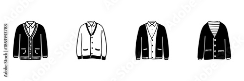 Cardigan Sweater Collection In Hand Drawn Style Set. Fashionable Knitwear, Casual Layering, Stylish Outerwear Doodle Sketch Collection. Cozy And Warm Apparel. Isolated Vector Illustration