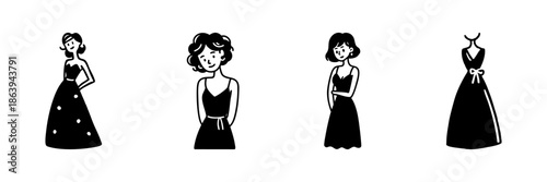 Elegant Women In Dresses And Gown In Hand Drawn Style Set. Fashion Illustration, Evening Wear, Formal Attire Doodle Sketch Collection. Stylish Apparel Design. Isolated Vector Illustration