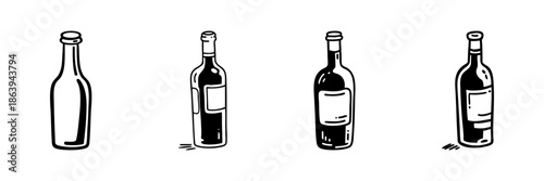 Wine Bottles In Hand Drawn Style Set. Beverage Packaging, Alcoholic Drink Presentation Doodle Sketch Collection. Vintage Wine Aesthetic. Isolated Vector Illustration