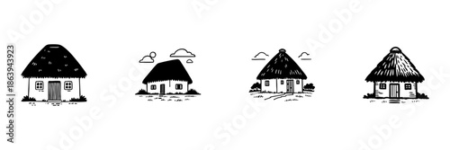 Traditional Thatched Roof Cottages In Hand Drawn Style Set. Rustic Architecture, Countryside Living, Cultural Heritage Doodle Sketch Collection. Isolated Vector Illustration