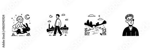 Person Riding Rabbit, Night Stroll, Scenic Landscape, And Portrait. Whimsical Adventure, Tranquil Evening, Nature Exploration. Character In Hand Drawn Style Set. Isolated Vector Illustration