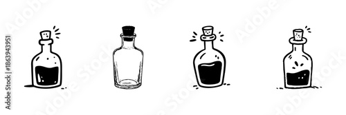 Glass Bottles With Corks In Hand Drawn Style Set. Vintage Potion, Elixir, And Apothecary Doodle Sketch Collection. Magic And Alchemy Elements. Isolated Vector Illustration