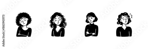 Four Women With Different Expressions In Hand Drawn Style Set. Emotional Diversity, Mood Representation, Facial Expressions Doodle Sketch Collection. Isolated Vector Illustration