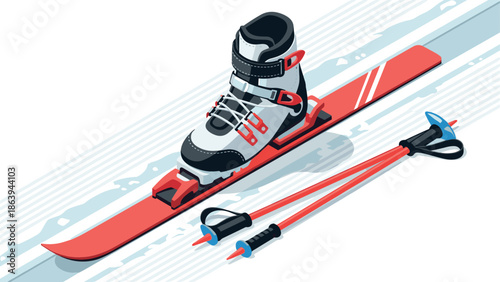 Isometric ski equipment set with boot and poles on snowy background