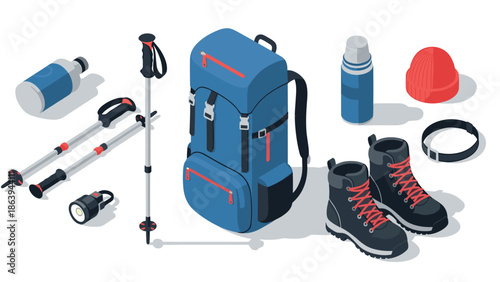 Essential hiking gear and equipment set in isometric style for outdoor adventures