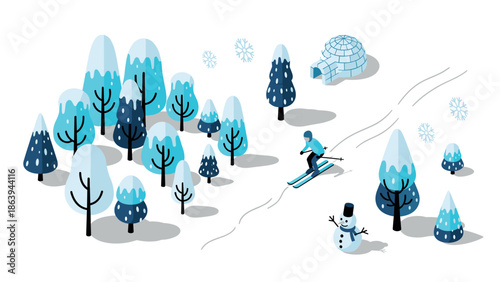Winter wonderland scene with skier, snowman, and snow-covered trees in blue isometric style