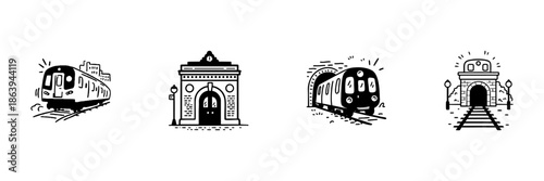 Train And Subway Station Icons In Hand Drawn Style Set. Urban Transportation, Commuting, And Infrastructure Doodle Sketch Collection. Railway Travel Elements. Isolated Vector Illustration