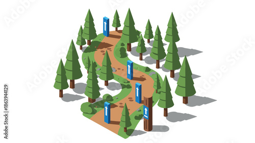 Isometric forest path with trail markers and pine trees